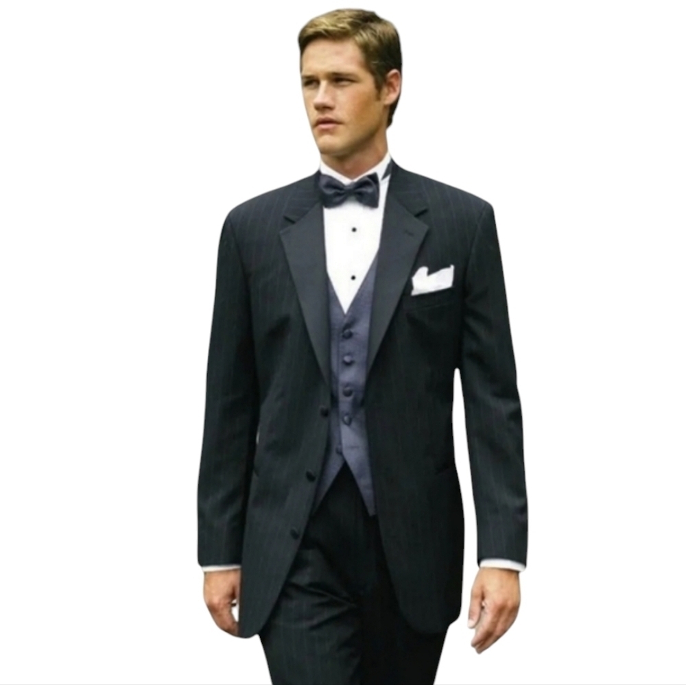 Lauren Ralph Lauren Black Worsted Wool Pinstripe 3 Button Tuxedo Jacket Mens 48R
